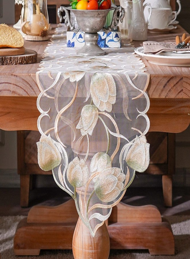 ARTABLE Lace Table Runner Macrame Vintage Flower Dresser Scarf with Exquisite Embroidery Table Runners for Kitchen Home Wedding Party Dining Decoration (Beige, 12 x 84 Inch) - Image 1