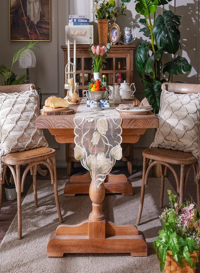 ARTABLE Lace Table Runner Macrame Vintage Flower Dresser Scarf with Exquisite Embroidery Table Runners for Kitchen Home Wedding Party Dining Decoration (Beige, 12 x 84 Inch) - Image 3