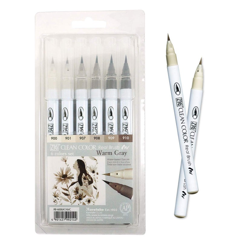 Kuretake ZIG Clean Color Real Brush Marker Flexible Brush Tips Watercolor Pens for Painting Drawing Calligraphy and Brush Lettering for Artists Made in Japan 6 Warm Gray Colors set