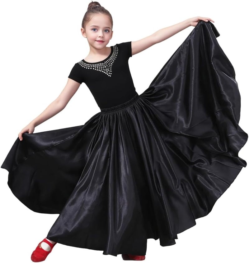 Sancan Girls Belly Latin Dance Skirt - Elastic Waist Ankle Length Full Flowy Circle Dancewear for Dance Practice Training - Image 1