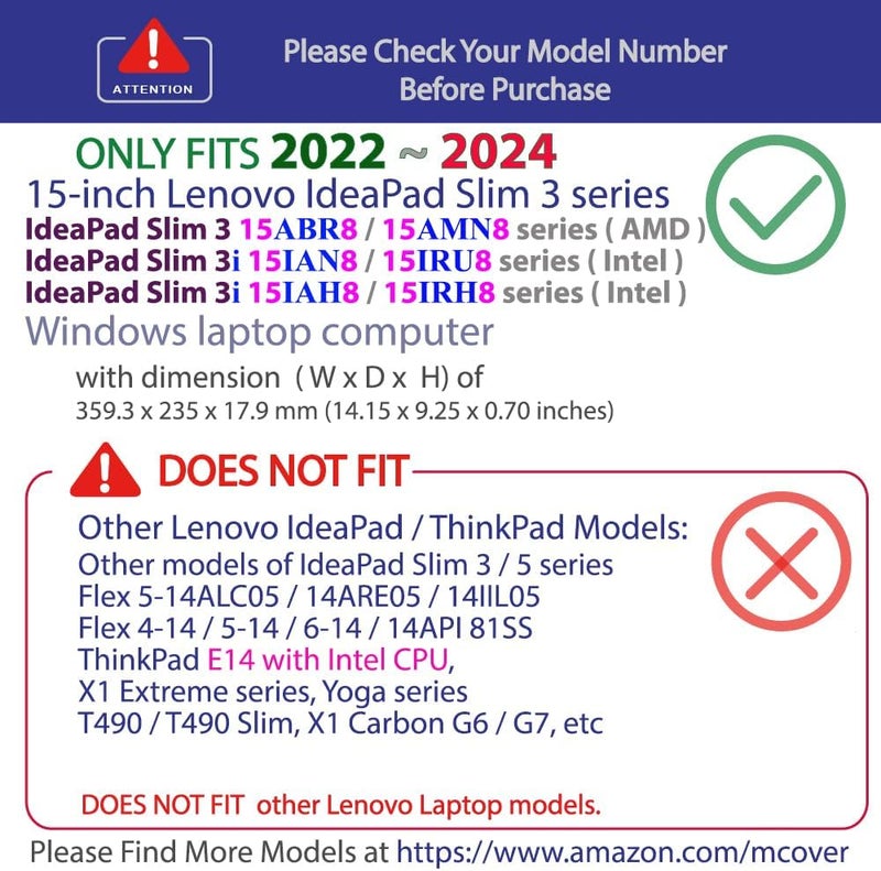 mCover Case Compatible for 2022-2024 15" Lenovo IdeaPad Slim 3 | 3i 15ABR8 / 15AMN8 / 15IAH8 / 15IAN8 / 15IRH8 / 15IRU8 Windows Computers (Not for Other Lenovo Models), Black - Image 3