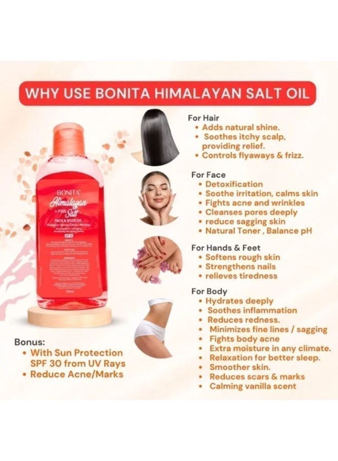 بونيتا طقم زيت الوجه والجسم بملح الهيمالايا الوردي SPF30 (قطعتين × 100 مل) – زيت مرطب مع الكولاجين، يوسفي كوري ومورينجا لبشرة ناعمة ومشرقة - Image 4