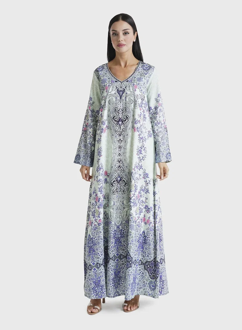 KASHKHA Mint Green Floral Printed Cotton Satin Stone Work Jalabiya (VDU582)