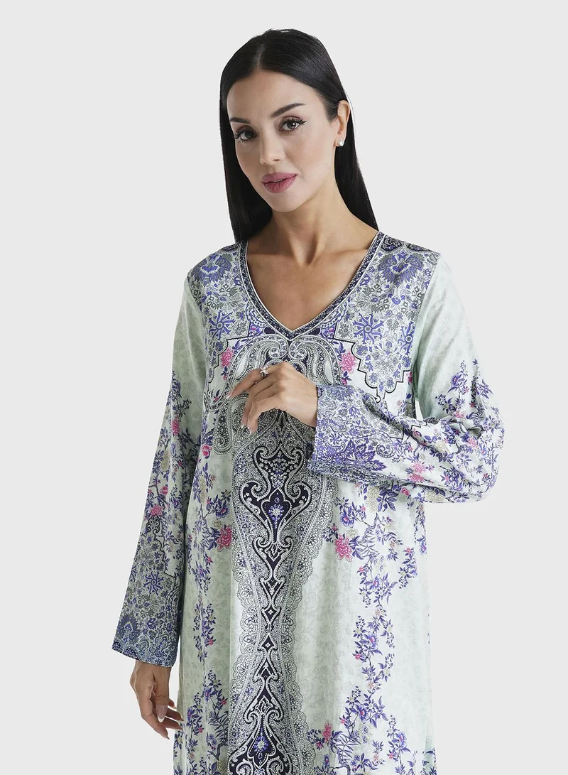 KASHKHA Mint Green Floral Printed Cotton Satin Stone Work Jalabiya (VDU582)