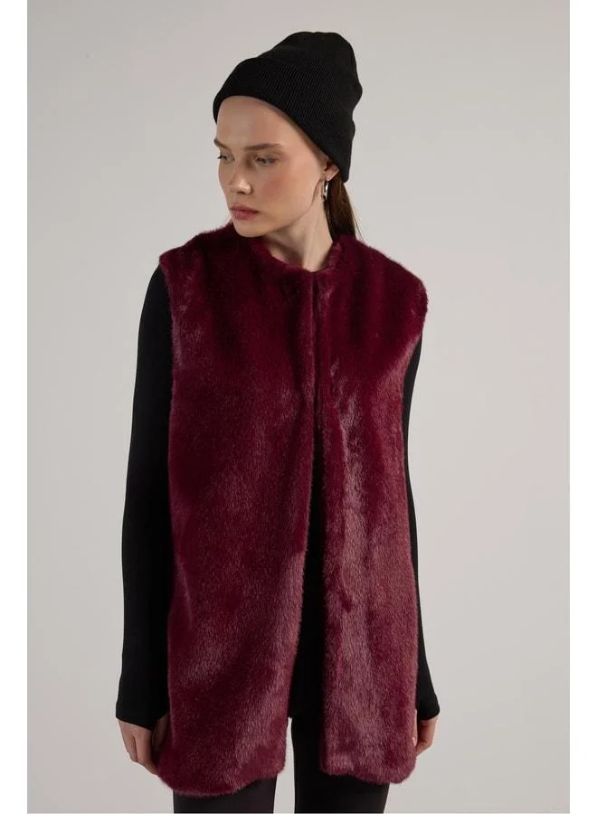 mina aise Women's Burgundy Long Lined Fur Vest 30072.
