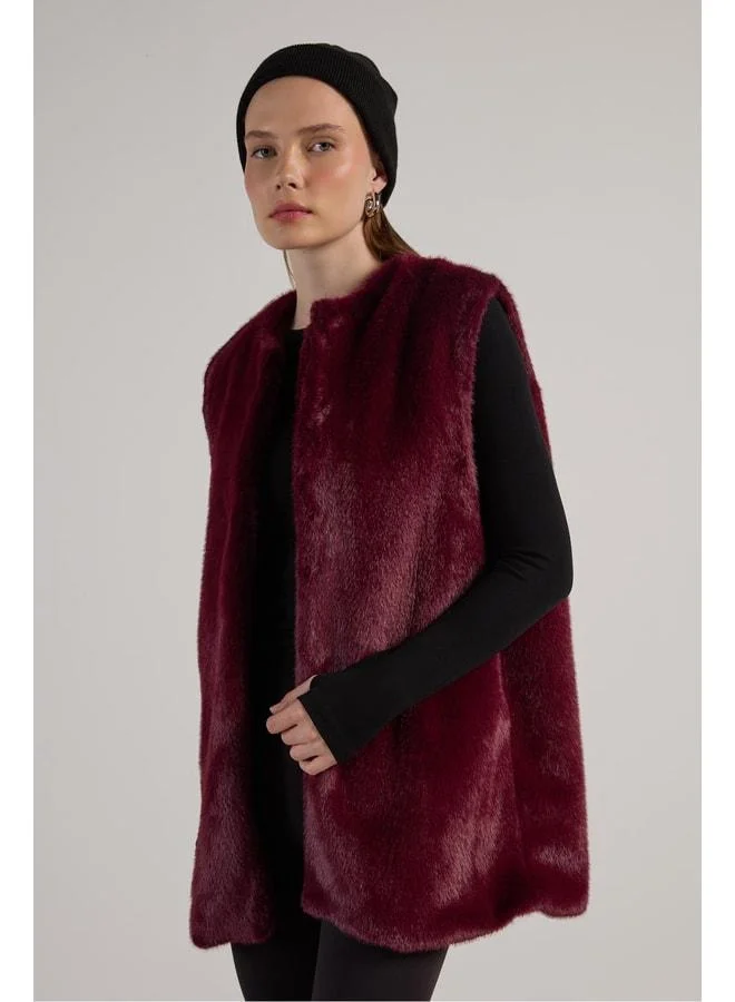 mina aise Women's Burgundy Long Lined Fur Vest 30072.