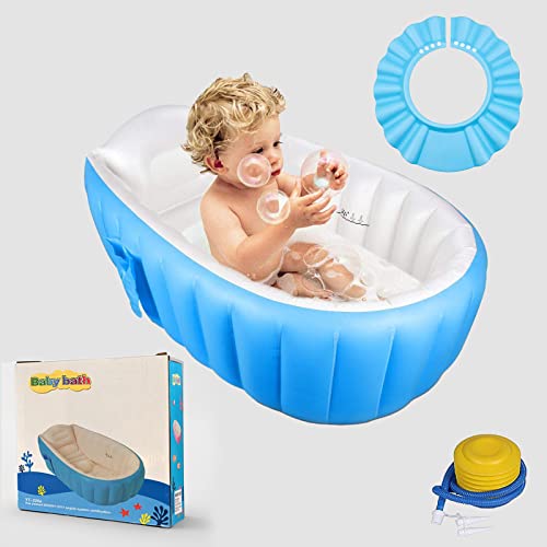 Safe-O-Kid® Aquaspa Baby Bath Tub, with Multipurpose Baby Shower HAT/Cap, European Safety Standard Inflatable Bathtub with Air Pump and Elegant Colorful Box for Extra Safety- Blue - Image 1