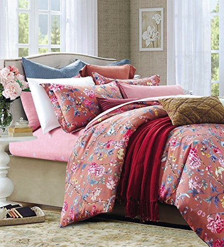 Eikei Botanical Garden Duvet Cover Washed Brushed 100percent Cotton Bedding Set Asian Chinoiserie Print Colorful Tropical Tree Branches and Birds Floral Pattern Queen Marsala - Image 3