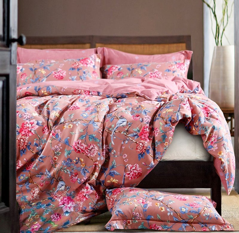 Eikei Botanical Garden Duvet Cover Washed Brushed 100percent Cotton Bedding Set Asian Chinoiserie Print Colorful Tropical Tree Branches and Birds Floral Pattern Queen Marsala - Image 2