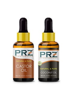 PRZ Combo of Cold Pressed Castor & Coconut Carrier Oil 100% Pure l & Therapeutic Grade Oil for Aromatherapy Body Massage Skin Care & Hair Growth (15ML Each)  - Image 1