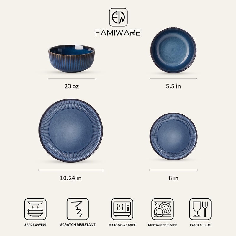 Famiware مجموعة أدوات المائدة فامي وير ستارلايت - أطباق وأوعية مجموعة من 4 قطع 12 قطعة - أدوات مائدة ذات قوام مضلع آمنة في غسالة الصحون والميكروويف مقاومة للخدش والرقائق بلون أزرق نجمي - Image 2