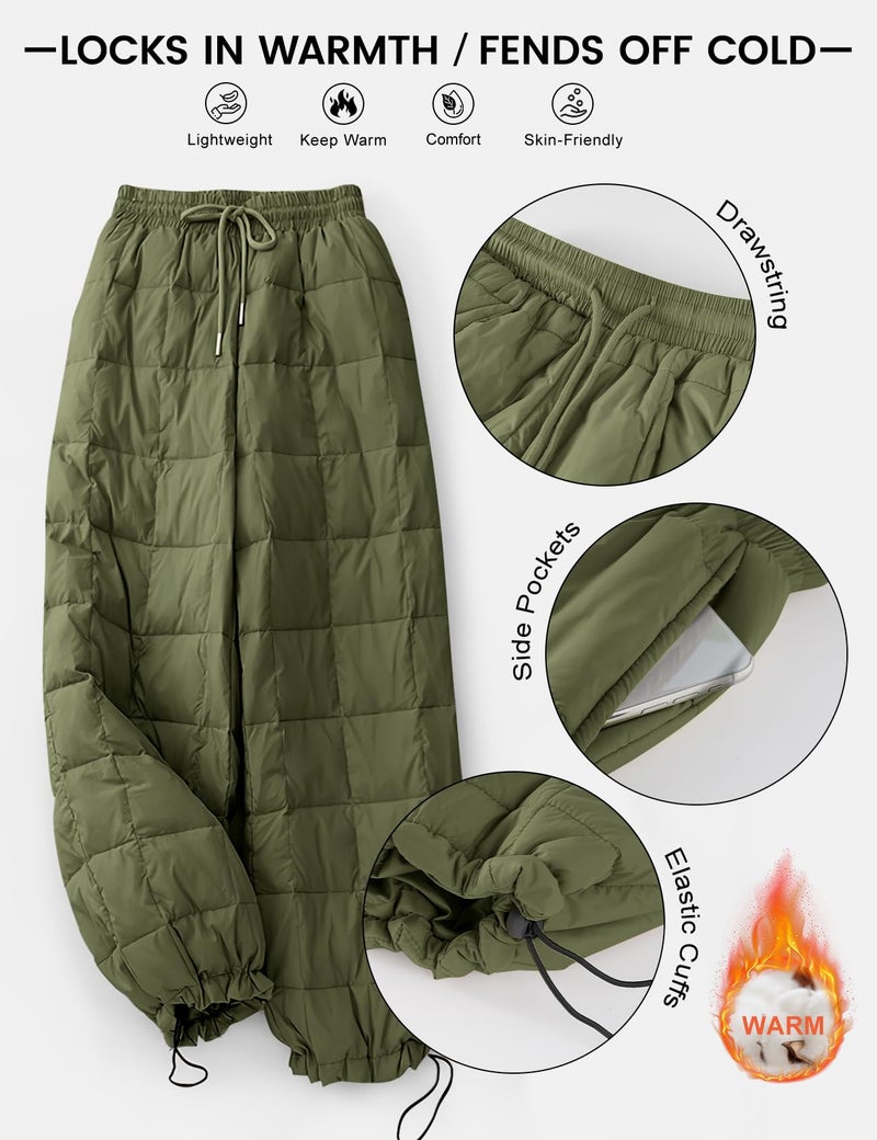 PEHMEA Womens Winter Snow Pants, Windproof Padded Drawstring Warm Loose Wide-Leg Outdoor Ski Casual Trousers(ArmyGreen-M) - Image 5