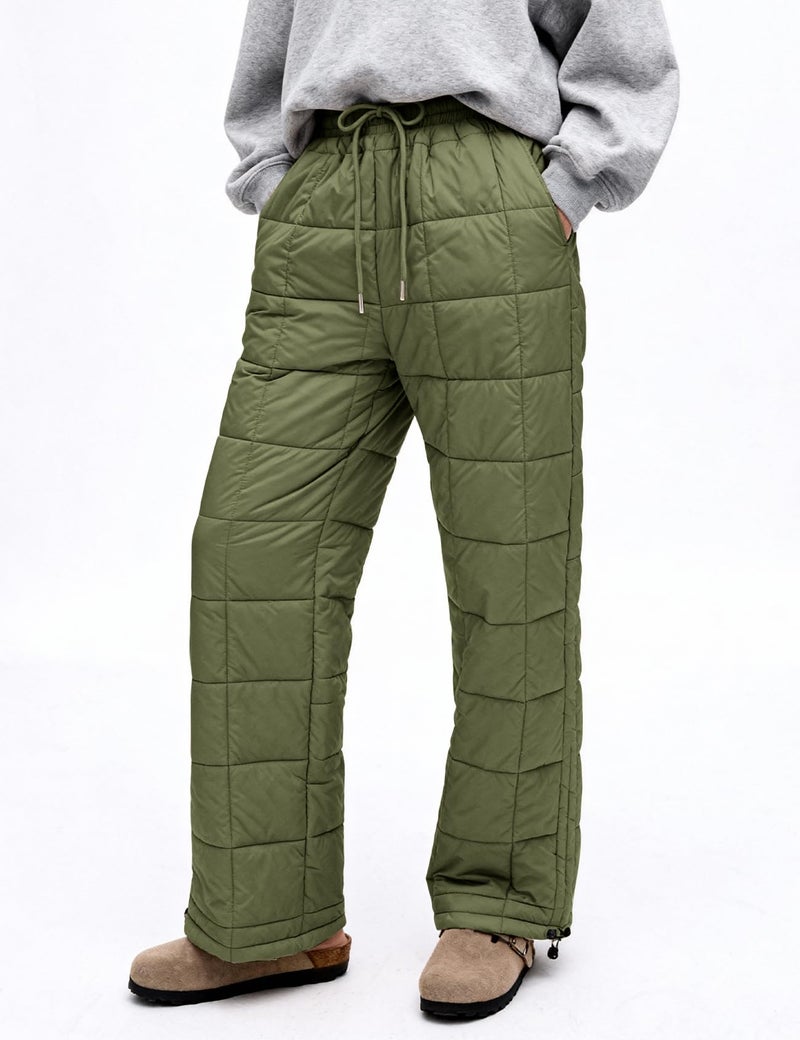 PEHMEA Womens Winter Snow Pants, Windproof Padded Drawstring Warm Loose Wide-Leg Outdoor Ski Casual Trousers(ArmyGreen-M) - Image 2