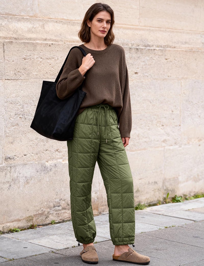 PEHMEA Womens Winter Snow Pants, Windproof Padded Drawstring Warm Loose Wide-Leg Outdoor Ski Casual Trousers(ArmyGreen-M) - Image 3