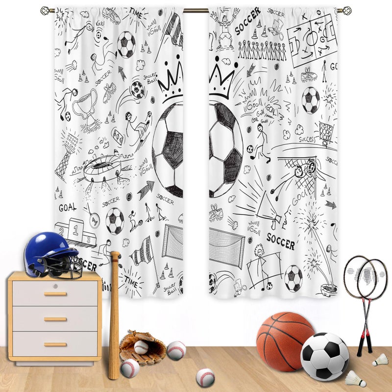 Cinbloo Soccer Sport Boys Curtains 42Wx63H Inch Rod Pocket Football Black White Graffiti Funny Sketch Unique Cool Art Printed for Kids Teens Living Room Bedroom Window Drapes Treatment Fabric 2 Panels - Image 3