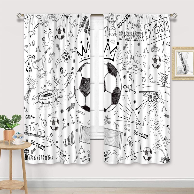Cinbloo Soccer Sport Boys Curtains 42Wx63H Inch Rod Pocket Football Black White Graffiti Funny Sketch Unique Cool Art Printed for Kids Teens Living Room Bedroom Window Drapes Treatment Fabric 2 Panels - Image 2