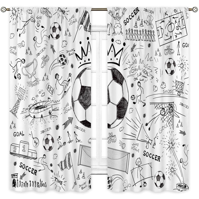 Cinbloo Soccer Sport Boys Curtains 42Wx63H Inch Rod Pocket Football Black White Graffiti Funny Sketch Unique Cool Art Printed for Kids Teens Living Room Bedroom Window Drapes Treatment Fabric 2 Panels - Image 1