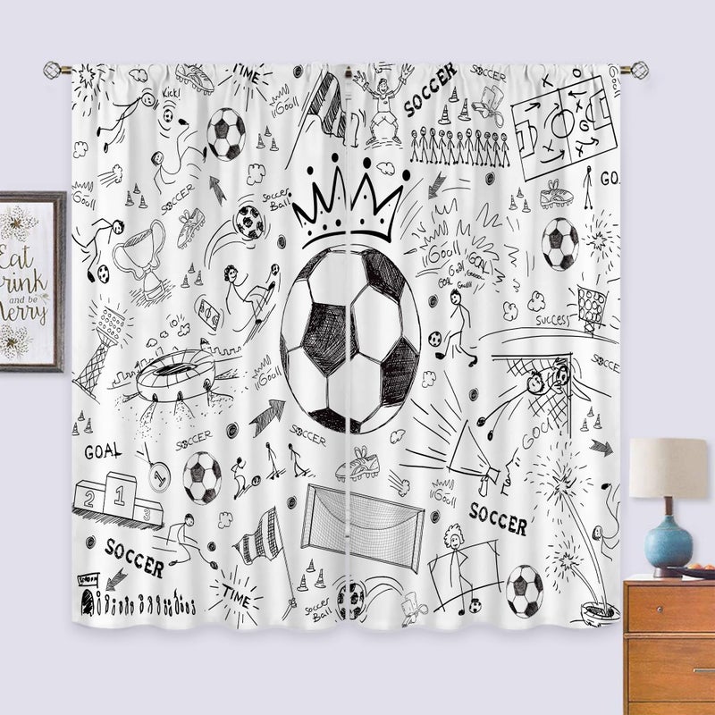 Cinbloo Soccer Sport Boys Curtains 42Wx63H Inch Rod Pocket Football Black White Graffiti Funny Sketch Unique Cool Art Printed for Kids Teens Living Room Bedroom Window Drapes Treatment Fabric 2 Panels - Image 4