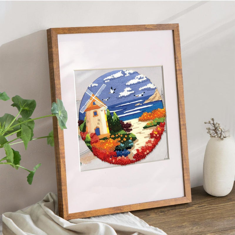 FONNUY Embroidery Kit for Beginners, Boho Nature Landscape Pre-Stamped Pattern Kits for Adults with Hoop, Easy to Follow Color Thread Needlework, 8'' Hoop (Beach House) - Image 3