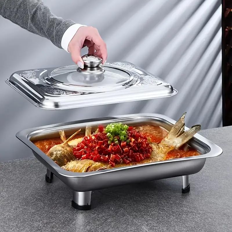 VBM Buffet Dish Tray with Glass Cover Serving Tray Stainless Steel Buffet Server Chafing Food Tray Dish Chafer Pan for Wedding Parties Banquet Catering Events - Image 1