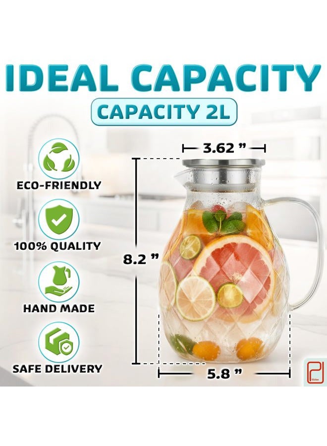 PJCKitchen Borosilicate Glass Jug with Lid - 2L Capacity Hot and Cold Drinks Jug with Unique Diamond Pattern, Drink Pitcher for Home Ice Tea and Juice - Image 2