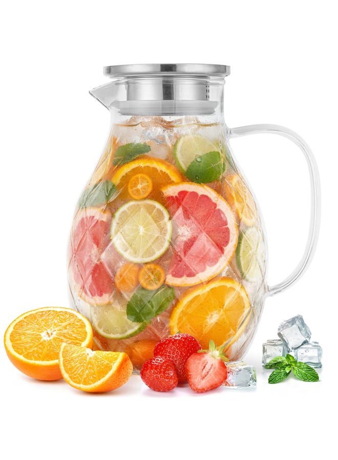 PJCKitchen Borosilicate Glass Jug with Lid - 2L Capacity Hot and Cold Drinks Jug with Unique Diamond Pattern, Drink Pitcher for Home Ice Tea and Juice - Image 1