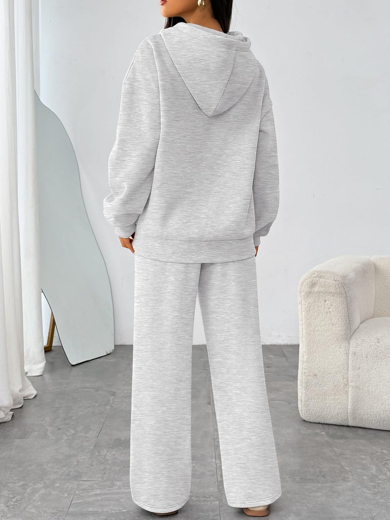Trendy Queen Womens 2 Piece Outfits Lounge Fall Fashion Sets Oversized Sweatshirts Wide Leg Pants Sweatsuits Winter Clothes Gery M - Image 4