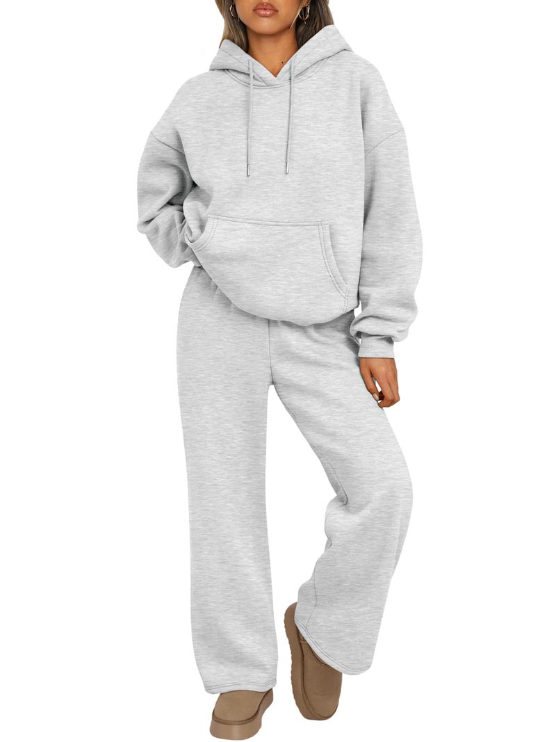 Trendy Queen Womens 2 Piece Outfits Lounge Fall Fashion Sets Oversized Sweatshirts Wide Leg Pants Sweatsuits Winter Clothes Gery M - Image 1