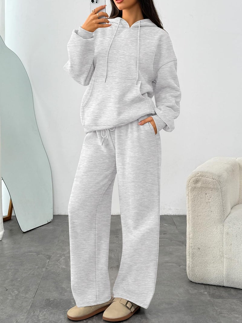 Trendy Queen Womens 2 Piece Outfits Lounge Fall Fashion Sets Oversized Sweatshirts Wide Leg Pants Sweatsuits Winter Clothes Gery M - Image 2