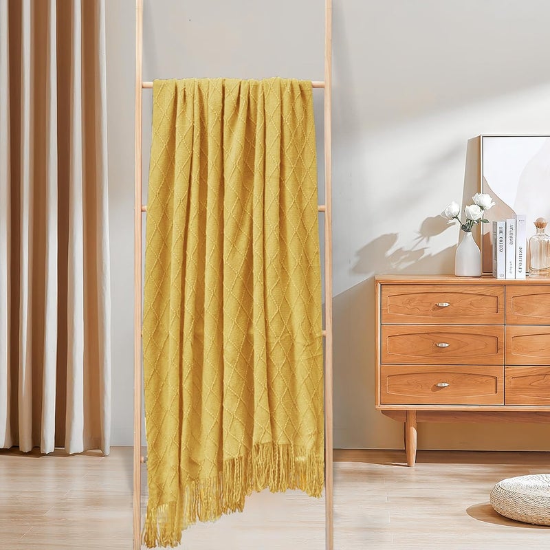 inhand Fall Knit Throw Blanket Yellow for Couch, Soft Living Room Home Decor Knitted Twin Size Blanket, Outdoor Lightweight Breathable Summer Blanket, Farmhouse Warm Woven Decorative, 60"x80" - Image 2
