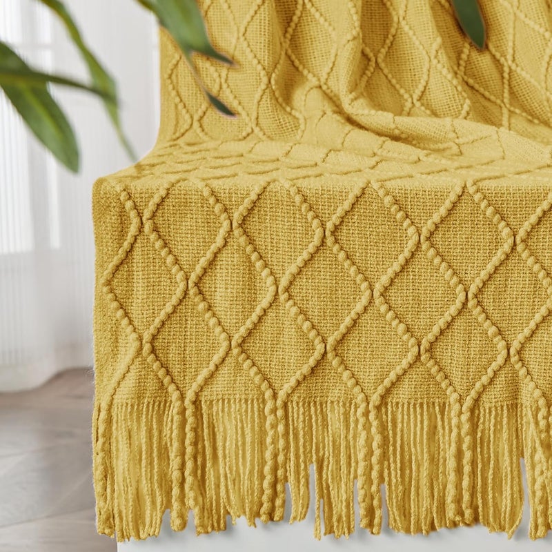 inhand Fall Knit Throw Blanket Yellow for Couch, Soft Living Room Home Decor Knitted Twin Size Blanket, Outdoor Lightweight Breathable Summer Blanket, Farmhouse Warm Woven Decorative, 60"x80" - Image 1