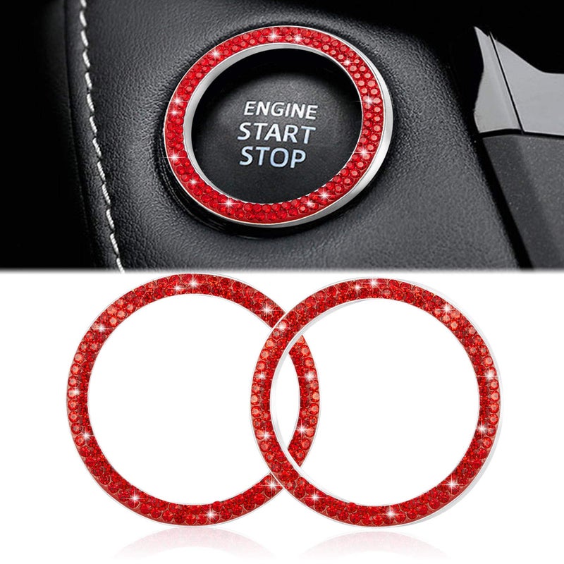 WINKA 2pcs Bling Car Engine Start Button Cover Diamond Crystal Push Start Stop Button Ring Sparkly Bling Ignition Button Cover Rhinestone Keyless Ignition Ring Universal Car Accessories (Red) - Image 1