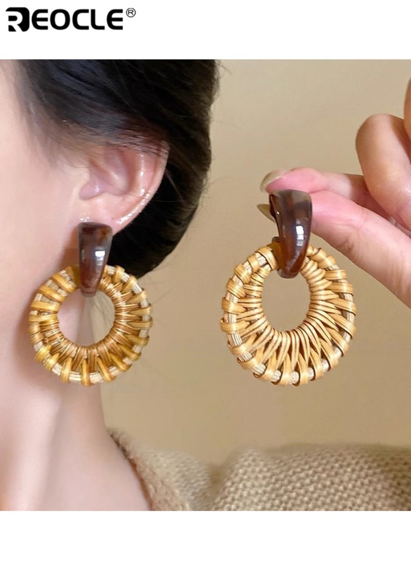 REOCLE Women's Woven-Texture Hoop Earrings with Contrast Accents Handcrafted Circular Drop Earrings with Dual-Material Design for Boho & Casual Styling - Image 1