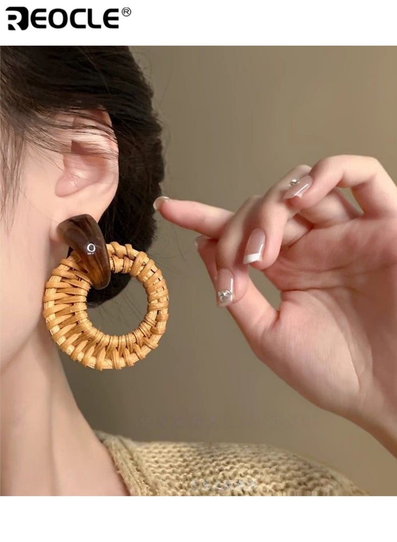 REOCLE Women's Woven-Texture Hoop Earrings with Contrast Accents Handcrafted Circular Drop Earrings with Dual-Material Design for Boho & Casual Styling - Image 4