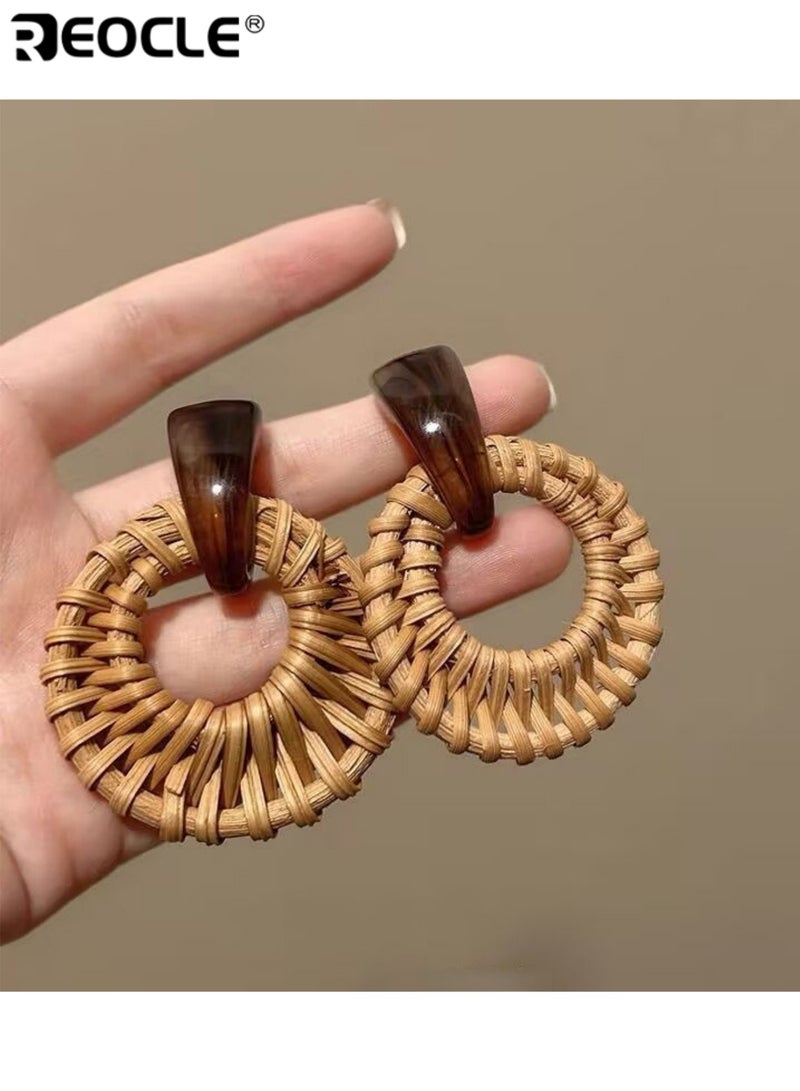 REOCLE Women's Woven-Texture Hoop Earrings with Contrast Accents Handcrafted Circular Drop Earrings with Dual-Material Design for Boho & Casual Styling - Image 5