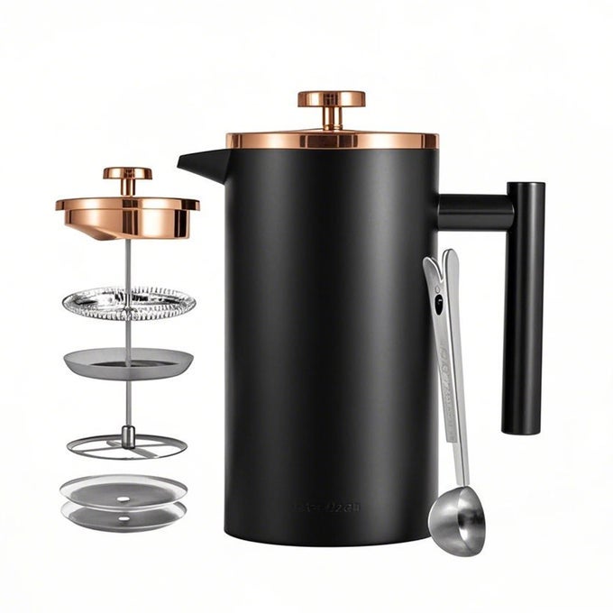 BLACK FRENCH PRESS STAINLESS STEEL 34OZ DOUBLE WALL INSULATED COFFEE PRESS 1L FOR TRAVEL CAMPING WITH 2 EXTRA FILTER SCREENS AND 1 COFFEE SPOON8CUP 1000ML