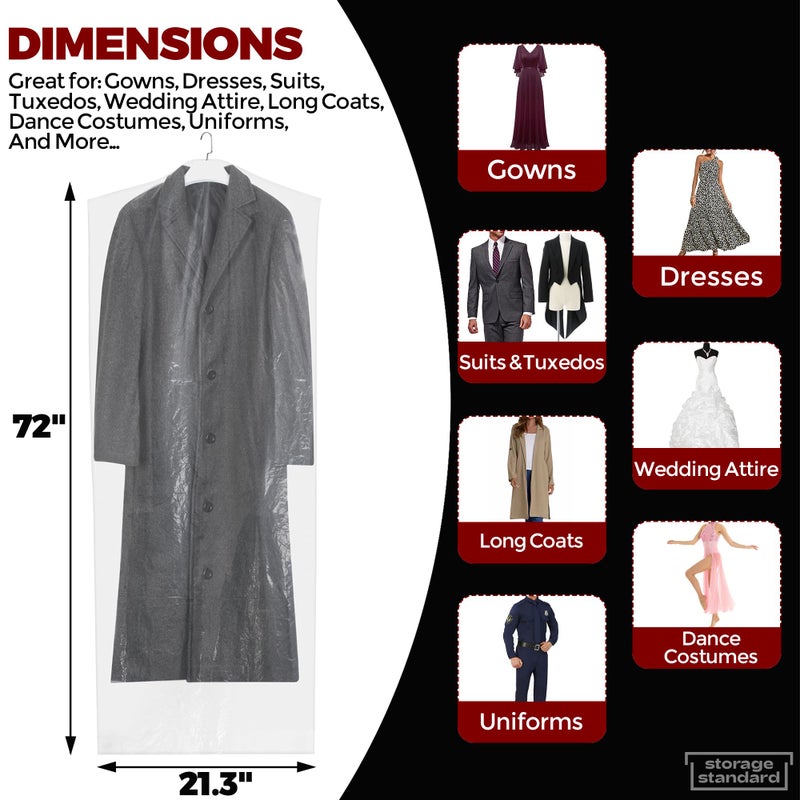 Storage Standard 60 حزمة من أكياس التنظيف الجاف الطويلة جدًا للملابس بطول 72 بوصة - أكياس الملابس البلاستيكية الشفافة لتعليق الملابس والتنظيف الجاف وغطاء الملابس البلاستيكية للبدلات والمعاطف وأزياء الرقص والفساتين الطويلة - Image 4