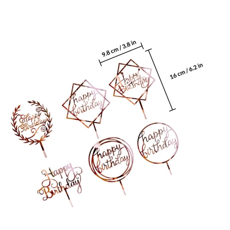 Rose Gold Birthday Cake Toppers Set 6Pcs Acrylic Cake Picks Cupcake Decorations Party Supplies - Image 3