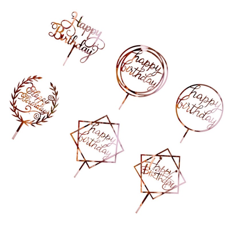 Rose Gold Birthday Cake Toppers Set 6Pcs Acrylic Cake Picks Cupcake Decorations Party Supplies - Image 2