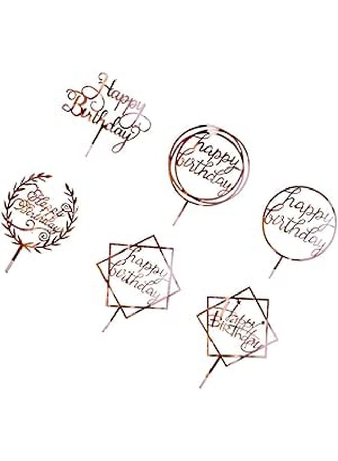 Rose Gold Birthday Cake Toppers Set 6Pcs Acrylic Cake Picks Cupcake Decorations Party Supplies - Image 1