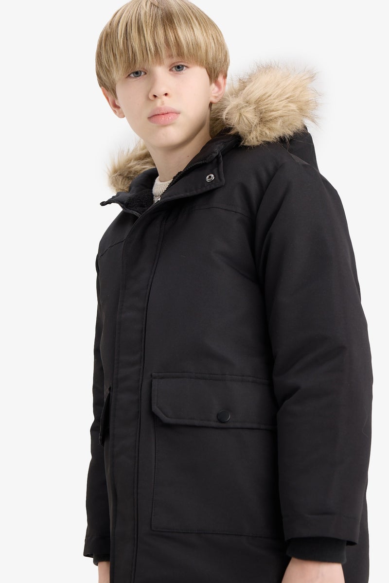 DeFacto Boy Hooded Plush Lined with Removable Faux Fur Collar Rain Coat - Image 1