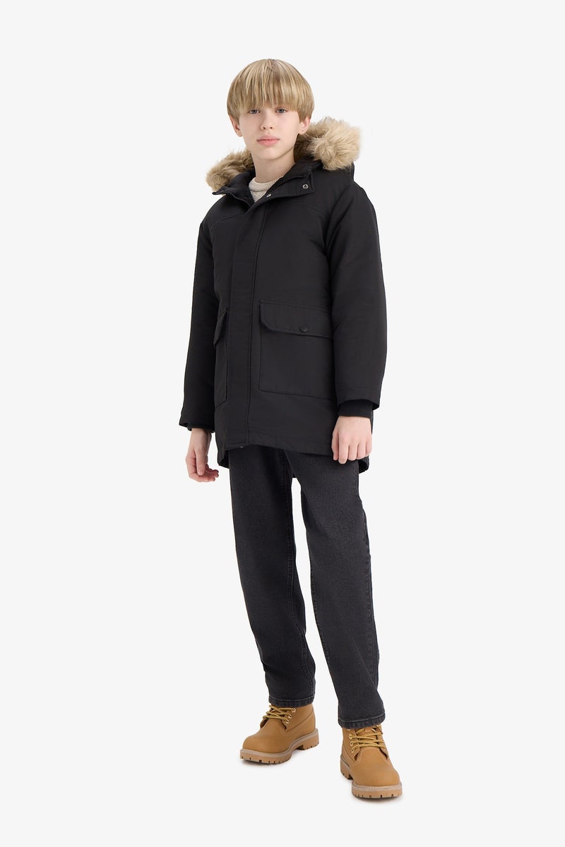 DeFacto Boy Hooded Plush Lined with Removable Faux Fur Collar Rain Coat - Image 2