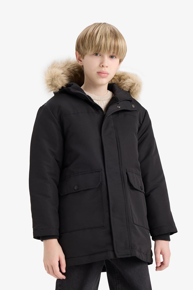 DeFacto Boy Hooded Plush Lined with Removable Faux Fur Collar Rain Coat - Image 3