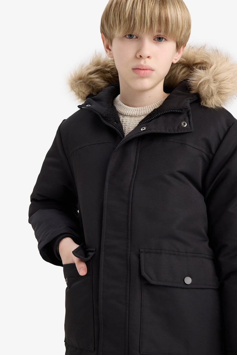 DeFacto Boy Hooded Plush Lined with Removable Faux Fur Collar Rain Coat - Image 4