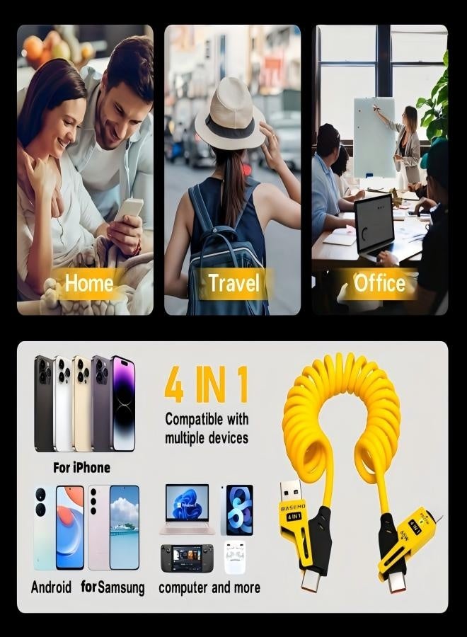 BASEMO 4-in-1 Spring Retractable USB Cable with 65W Super Fast Charging, Durable Car Charger Cable for Phones, Compati ble with iPhone, Samsung, Huawei, Xiaomi, Honor, Vivo, Oppo and More - Image 5