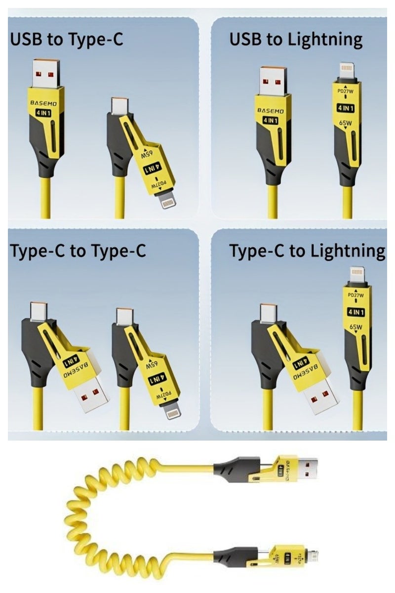 BASEMO 4-in-1 Spring Retractable USB Cable with 65W Super Fast Charging, Durable Car Charger Cable for Phones, Compati ble with iPhone, Samsung, Huawei, Xiaomi, Honor, Vivo, Oppo and More - Image 1