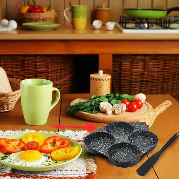 JAMBUVANTI Egg Pan Non Stick Pancake Pan 4 Cup Nonstick Egg Frying Pan Granite Mini Egg Cooker Pan for Breakfast Small Egg Skillet Suitable for Gas Stove Induction Top Wood Grain Handle - Image 5