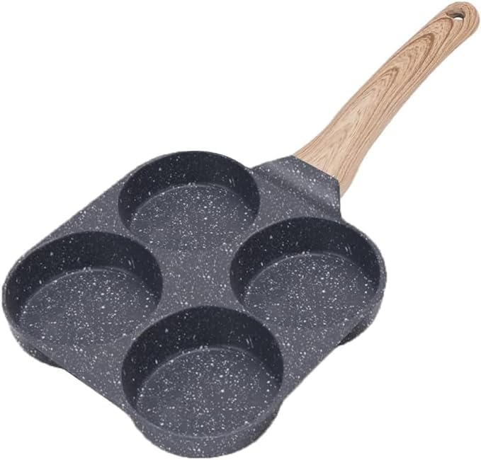 JAMBUVANTI Egg Pan Non Stick Pancake Pan 4 Cup Nonstick Egg Frying Pan Granite Mini Egg Cooker Pan for Breakfast Small Egg Skillet Suitable for Gas Stove Induction Top Wood Grain Handle - Image 1