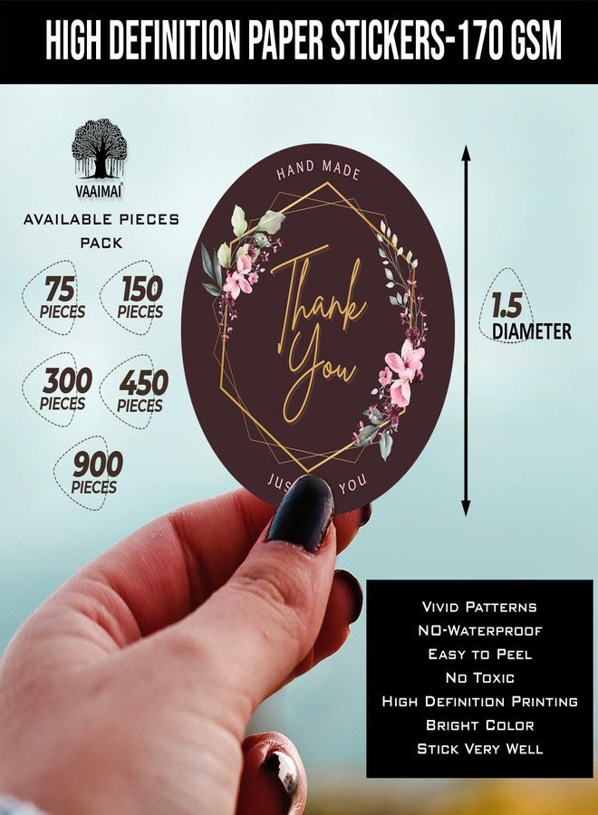 VAAIMAI 300 Pcs Thank You Handmade Just for You Floral Brown Color 1.5 Inch Round Baked Stickers, Paper Lables Tags for Baking Packaging, Envelope Seals, Party Wrap Bag. - Image 2