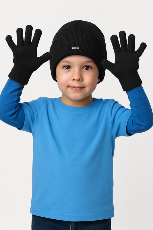 KETKAR Kids Winter Beanie & Gloves Set – Soft Knit Warm Cap with Matching Gloves for Boys & Girls | Cozy Winter Wear for Kids (Black, Age 2-5 Years) – Pack of 1 - Image 2